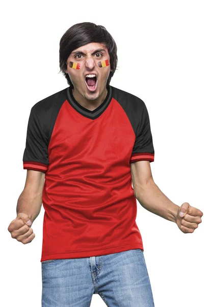 Soccer Fan Man Jersey Face Painted Flag Belgium Team Screaming — Stock Photo, Image