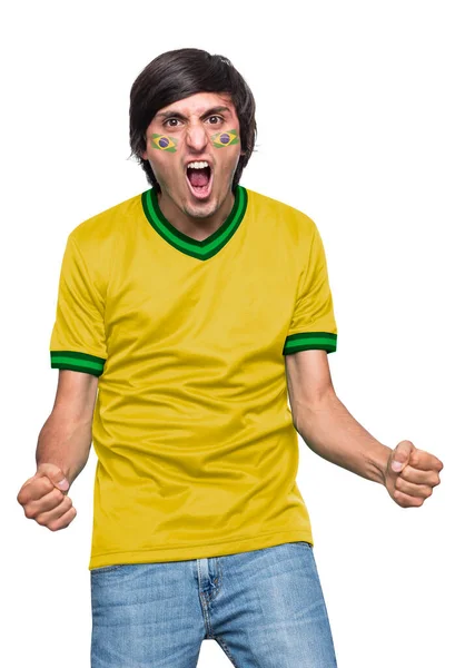 Soccer Fan Man Jersey Face Painted Flag Brazil Team Screaming — Stock Photo, Image