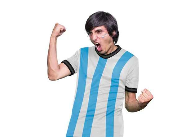 Футбольный Фанат Майкой Лицом Раскрашенным Флагом Аргентинской Команды Кричащий Волнения — стоковое фото