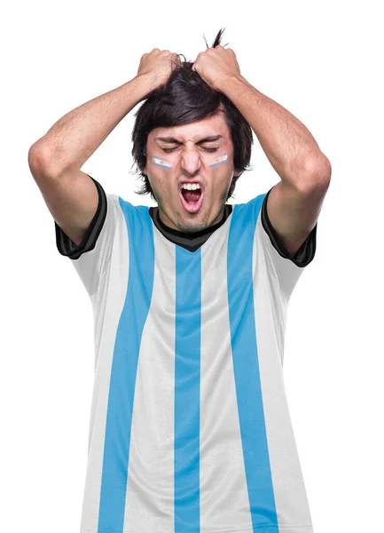 Young Sporty Soccer Fan Man Yellow Jersey Argentina Frustrated Defeat — Stock Photo, Image