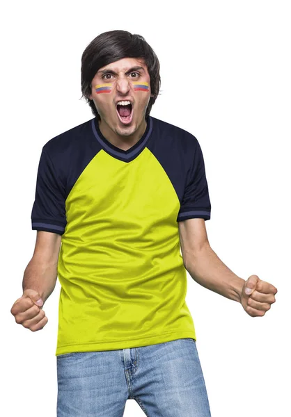 Soccer Fan Man Jersey Face Painted Flag Ecuador Team Screaming — Stock Photo, Image