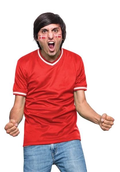 Soccer Fan Man Jersey Face Painted Flag Danmark Team Screaming — Stock Photo, Image