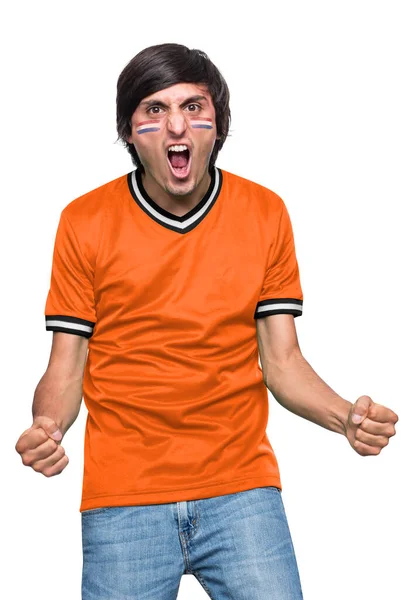 Soccer Fan Man Jersey Face Painted Flag Netherlands Team Screaming — Stock Photo, Image