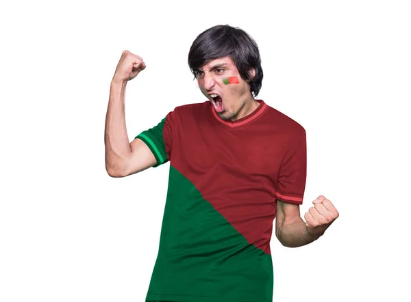 Miłośnik Piłki Nożnej Koszulką Twarzą Pomalowaną Flagą Portugalskiej Drużyny Krzyczącej — Zdjęcie stockowe