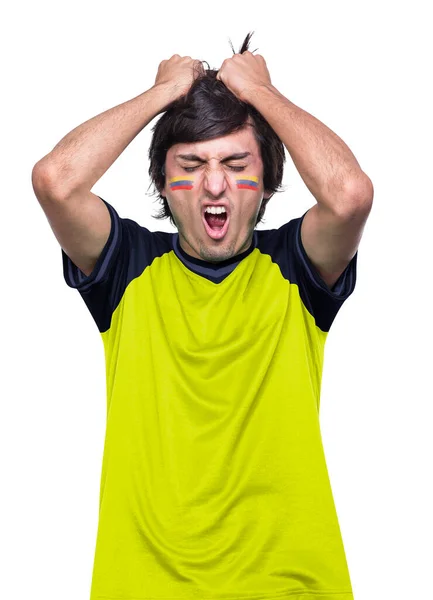 Młody Fan Piłki Nożnej Żółtej Koszulce Ekwadoru Sfrustrowany Porażką Swojej — Zdjęcie stockowe