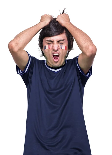 Joven Fanático Del Fútbol Deportivo Con Camiseta Azul Francia Frustrado —  Fotos de Stock