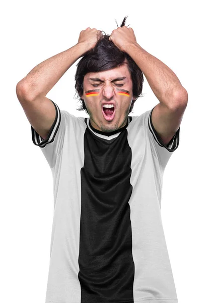 Młody Fan Piłki Nożnej Czarną Koszulką Niemiec Sfrustrowany Porażką Swojej — Zdjęcie stockowe