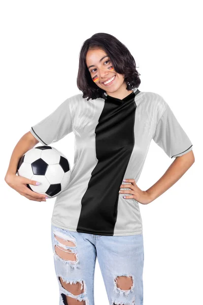 Joven Mujer Fanática Del Fútbol Con Camiseta Deportiva Blanco Negro — Foto de Stock
