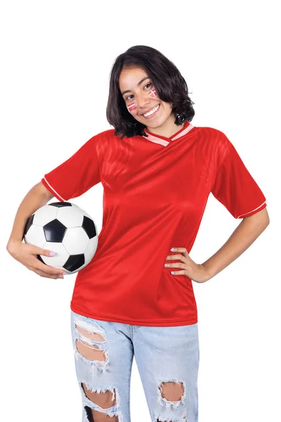Young Soccer Fanatic Woman Red Danmark Sports Jersey Ball His — Stock Photo, Image