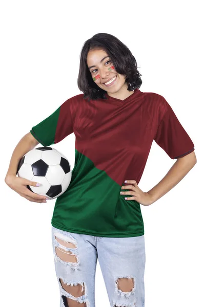 Mladý Fotbalový Fanatik Žena Červenou Zelenou Portugalsko Sportovní Dres Míč — Stock fotografie