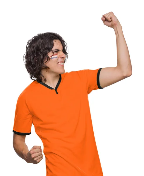 Homem Futebol Com Camisa Rosto Pintado Com Bandeira Equipe Holandesa — Fotografia de Stock