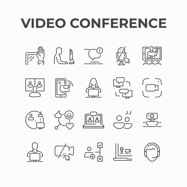 Communication by video conference icon design. Video call conference technology vector icons. Distance communication and computer screen with people icons set