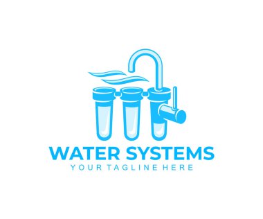 Water filter, drinking water systems and water treatment, logo design. Filtering, filtration or purification, plumbing, water tap, filtered or purified liquid, vector design and illustration clipart