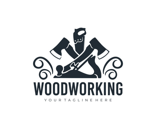 Woodworking, hand saw, axes and planer, logo design. Construction, building, carpentry and  joiner, vector design and illustration