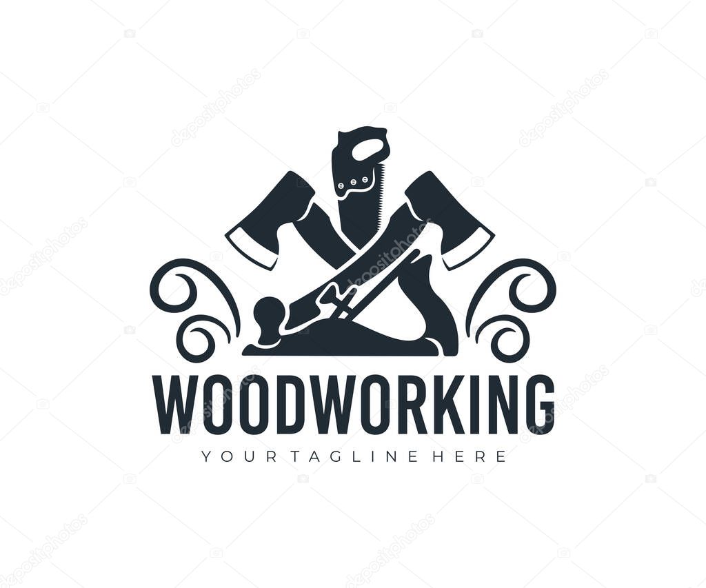 Woodworking, hand saw, axes and planer, logo design. Construction, building, carpentry and  joiner, vector design and illustration