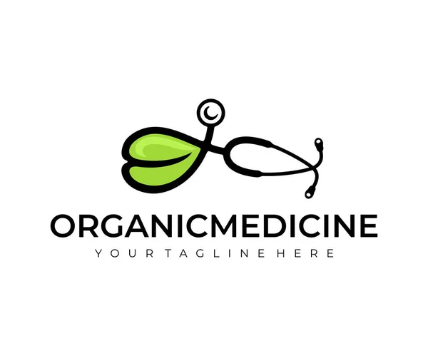 Medicina Médico Orgánico Estetoscopio Hoja Diseño Logotipo Cardiología Plantas Etnociencia — Vector de stock