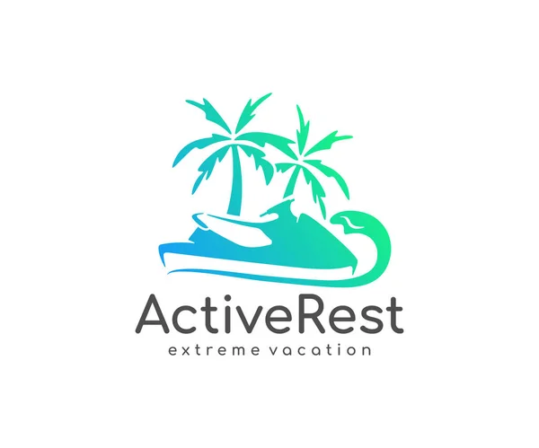 Active recreation on a jet ski logo design. Water scooter at tropical beach vector design. Watercraft at hot summer resort day logotype