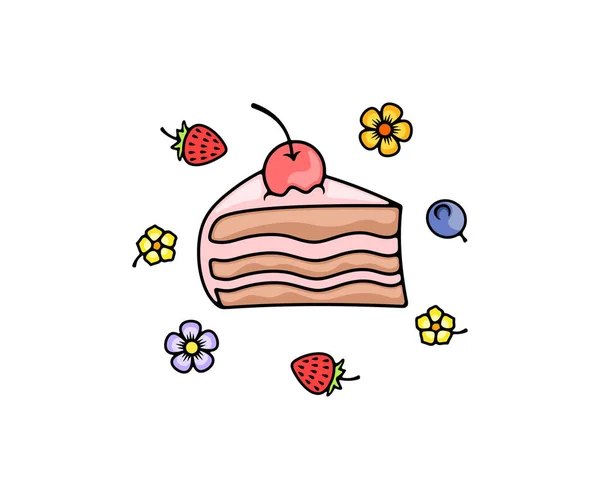 Chocolate Cake Fruits Berries Flowers Portion Piece Logo Design Food — Stok Vektör