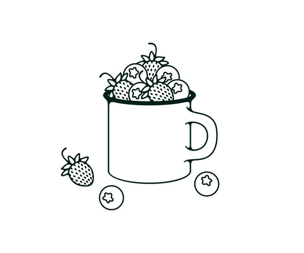 Enamel Metal Mug Wild Strawberries Blueberry Outline Logo Design Strawberry —  Vetores de Stock