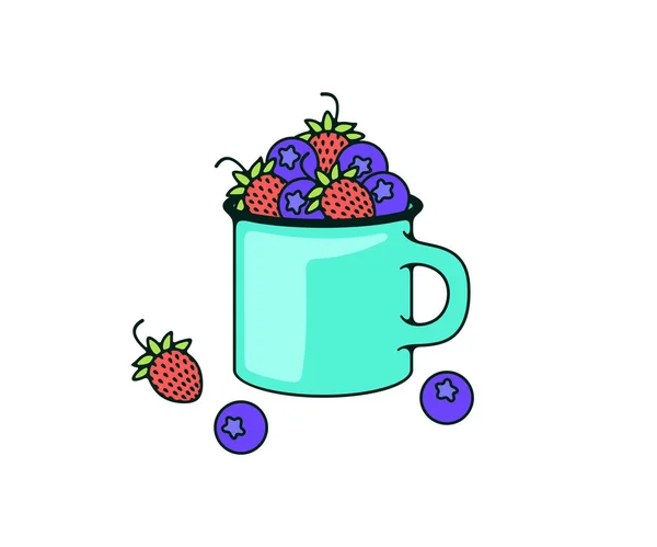 Enamel Metal Mug Wild Strawberries Blueberry Logo Design Strawberry Berry —  Vetores de Stock