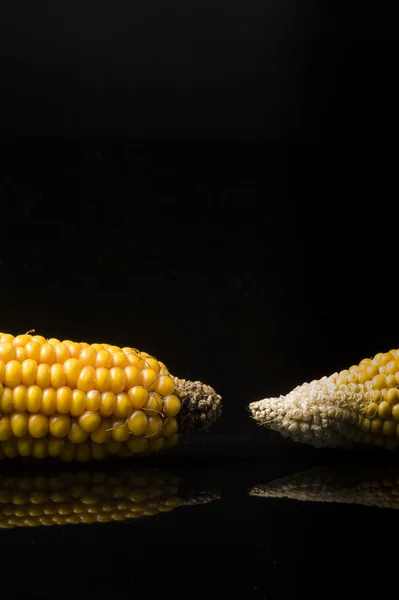 Corn, cob, yellow, ripe, copy space, food, black — Stock Photo, Image