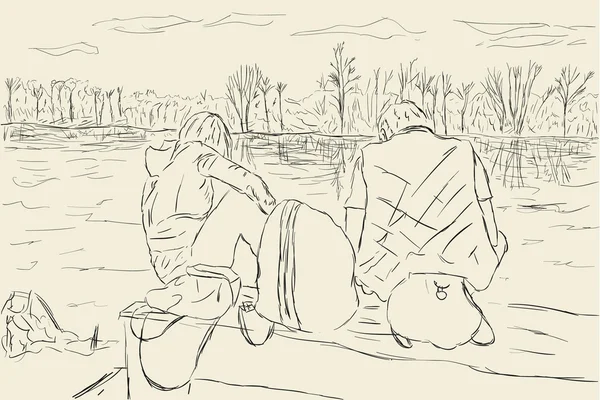 Sketch excursionistas viendo el río — Vector de stock