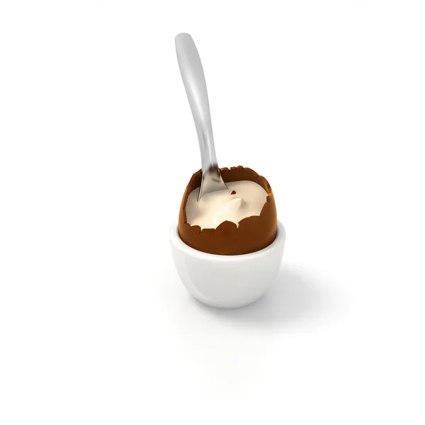 Easter chocolate egg with vanilla cream filling and tea spoon — Stock Photo, Image