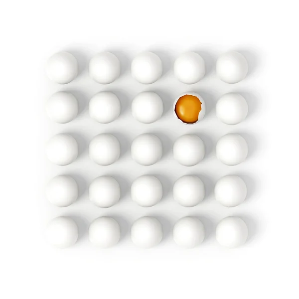 Ein zerbrochenes Ei in Reihen von weißen Eiern — Stockfoto