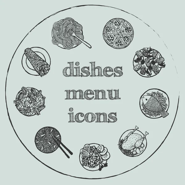 Dishes menu hand-drawn icon set — Stock Vector