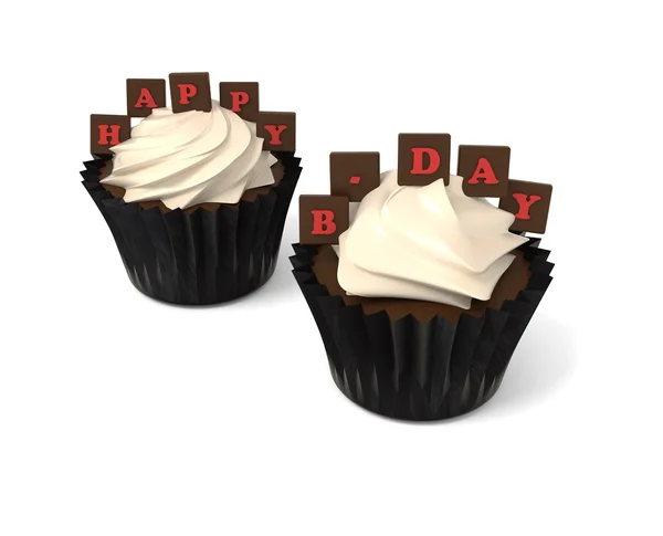 赤いチョコレート ルがホワイト ボード上で幸せな誕生日カップケーキ — ストック写真