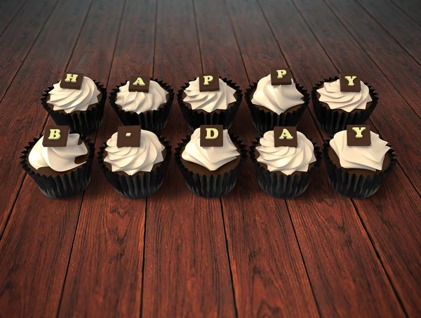 Herzlichen Glückwunsch zum Geburtstag Cupcakes auf dunklem Holz Hintergrund — Stockfoto