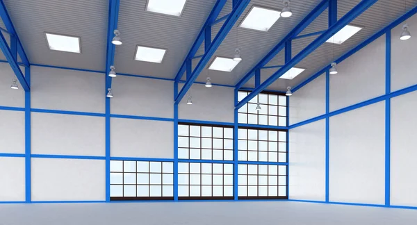 Interior de un almacén vacío con construcción de color azul — Foto de Stock