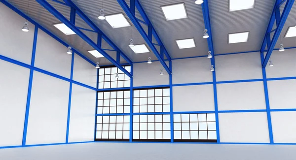 Interior de un almacén vacío con construcción de color azul — Foto de Stock