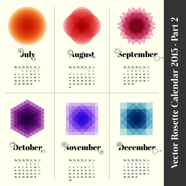 Calendar 2015 with colorful rosettes, 6 months, part 2