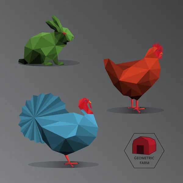 Ilustración geométrica completa a color de pequeños animales de granja - polígonos triangulares — Vector de stock