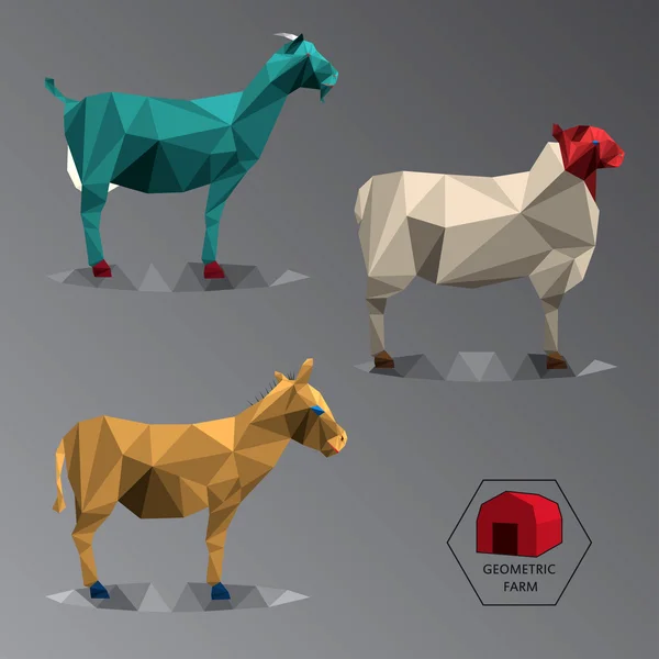 Ilustración geométrica completa a color de animales de granja medianos — Vector de stock