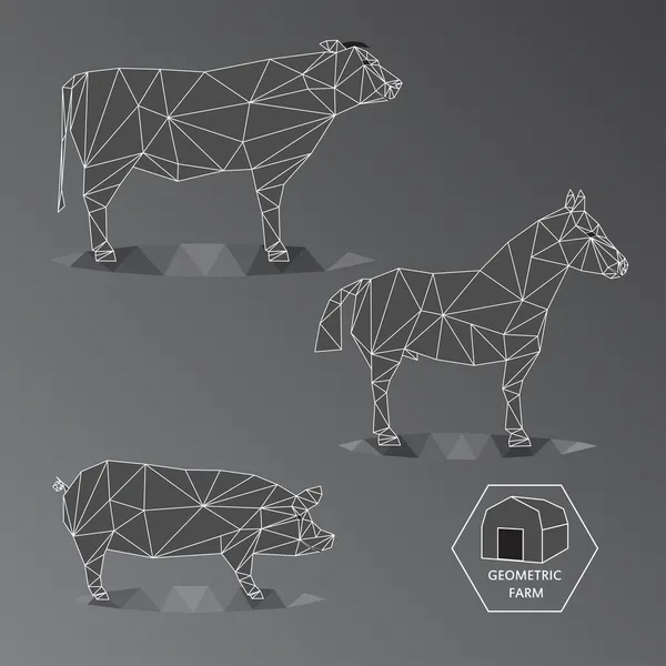 Ilustración geométrica a escala de grises de animales de granja grandes - triángulo — Vector de stock