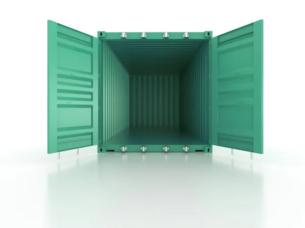 明るい緑金属開く白い背景の上の輸送コンテナー貨物 — ストック写真