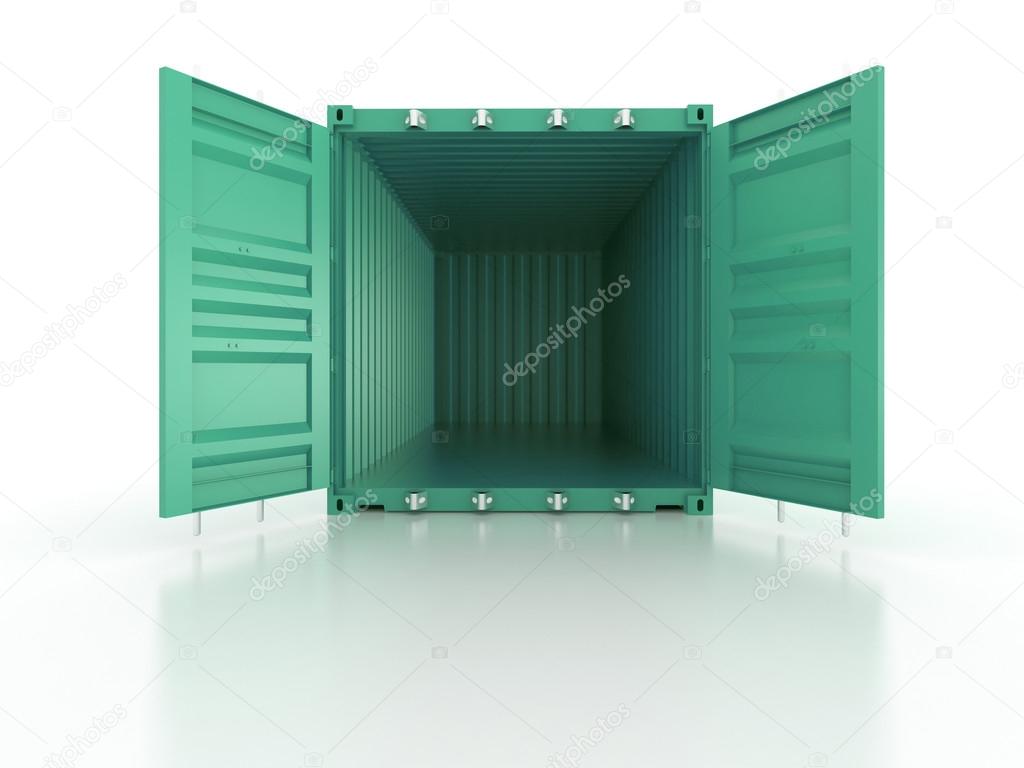 Bright green metal open freight shipping containers on white background