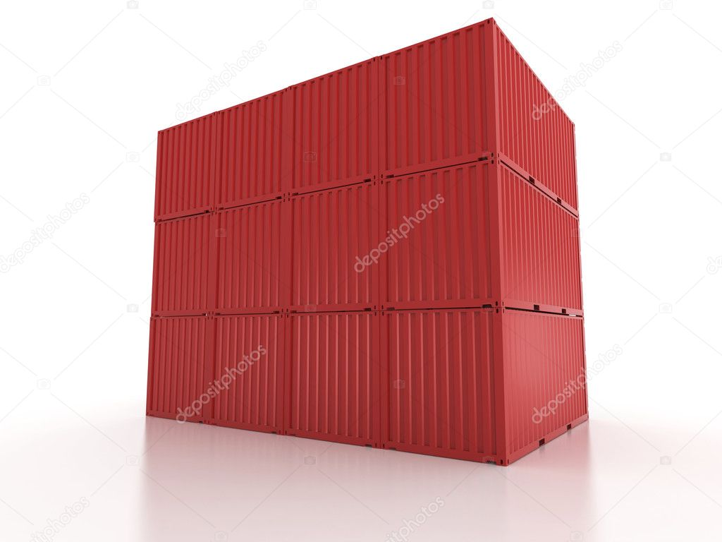 red metal freight shipping containers wall on white background