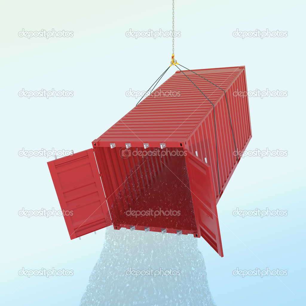 Import problem concept - red shipping container with wather thro