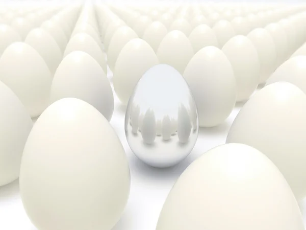 Silver egg in rows of normal eggs — Stock Photo, Image