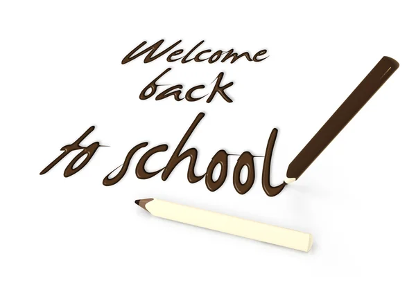 Bem-vindo de volta à escola por lápis de chocolate no fundo branco — Fotografia de Stock