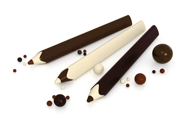 Çikolata kalemler ve topları beyaz zemin üzerine — Stok fotoğraf