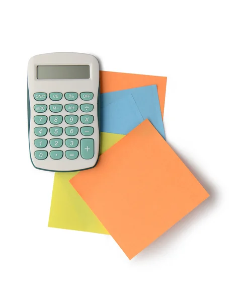 Calculator and sticky notes isolated on white background with cl — Stock Photo, Image