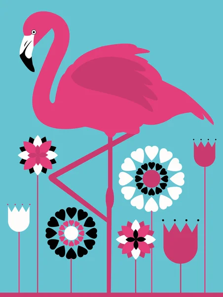 Flamant rose et fleurs — Image vectorielle