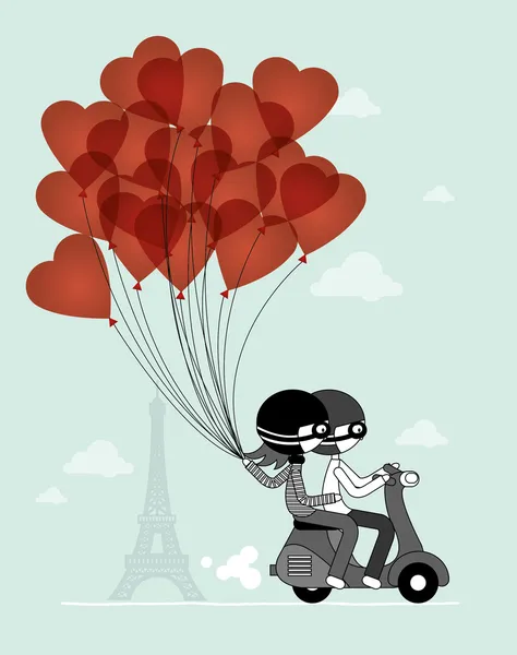 Heart balloon paris eiffel tower couple on scooter — Stock Vector