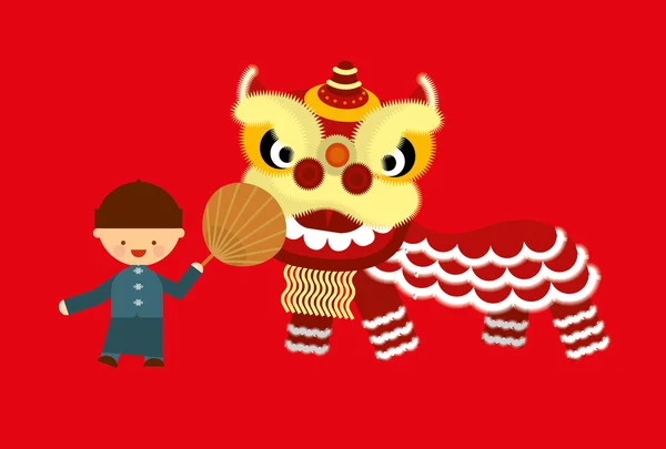 Lion dancing with boy — Stock Vector