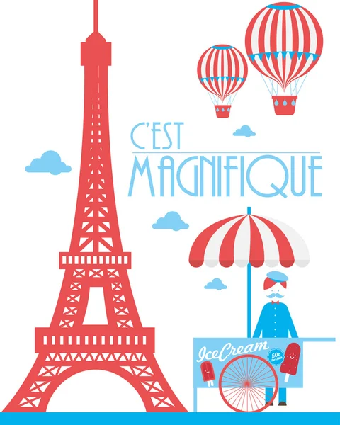 Torre Eiffel Paris e carrinho de sorvete — Vetor de Stock