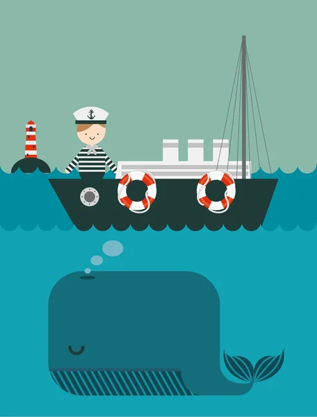 Marinero en el barco con ballena en el agua — Vector de stock